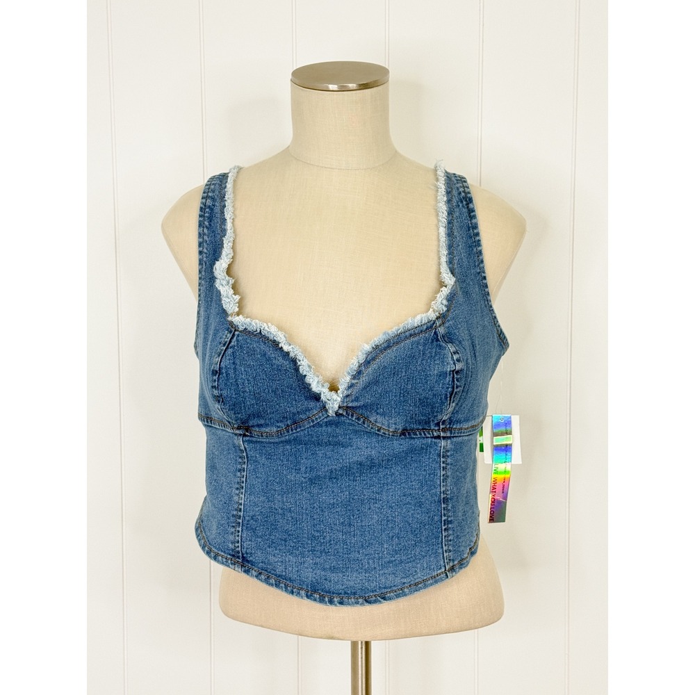 Tinseltown Vintage Med Wash Denim Corset Top NWT Women XL Blue Frayed Y2K Boho
